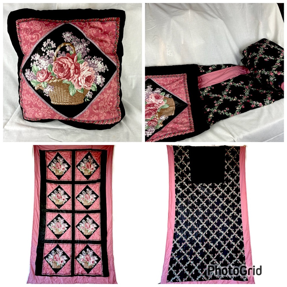 Vintage Handmade Quillow Quilted Pillow Blanket Travel Roses Pink & Black